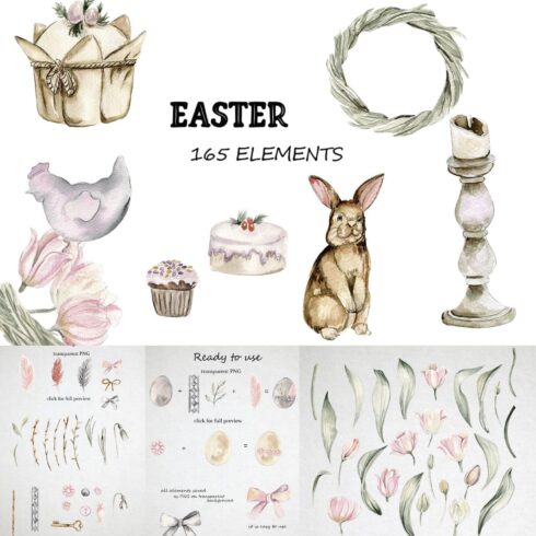 Watercolor Easter set with Bunny, picture 1500x1500.