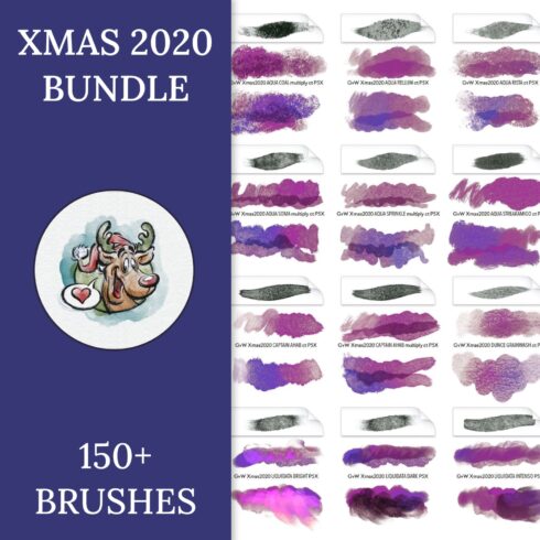 Xmas 2020 bundle 150 brushes, 1500 by 1500 pixels.