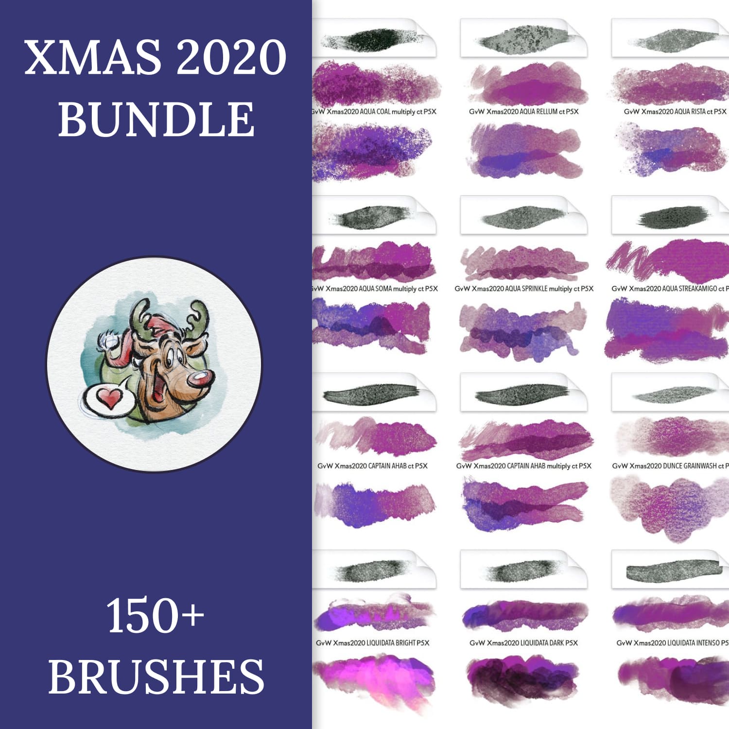 Xmas 2020 bundle 150 brushes, 1500 by 1500 pixels.