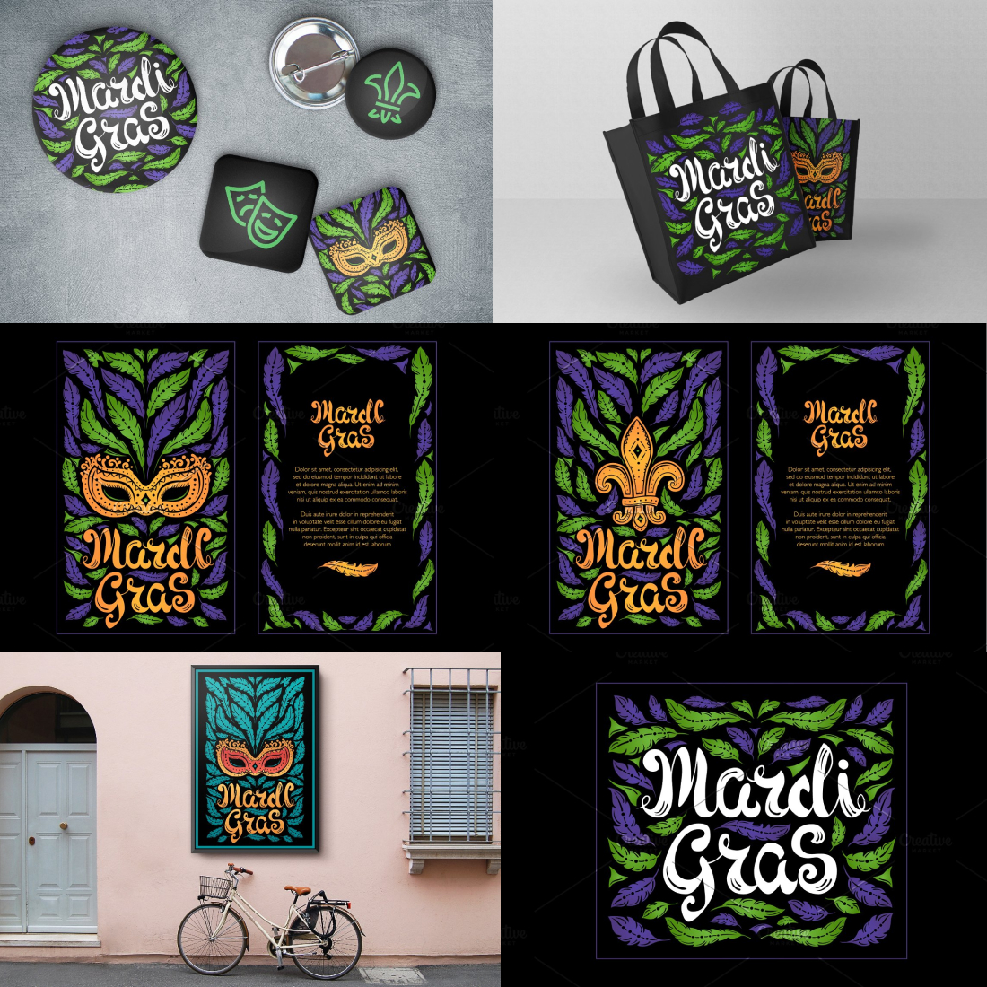 Images with mardi gras celebration elements.