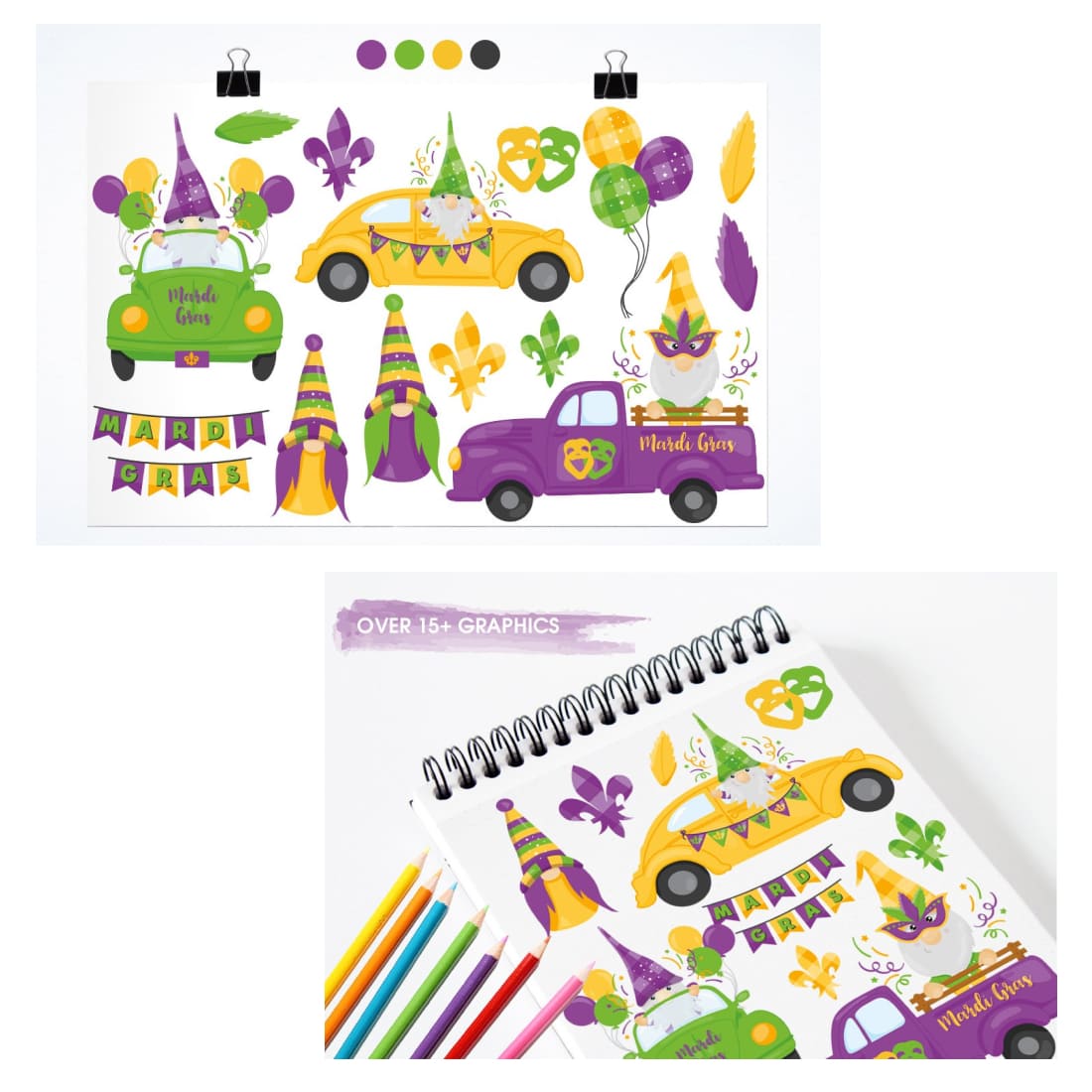 Mardi Gras gnomes are drawn on a notepad with a spring.