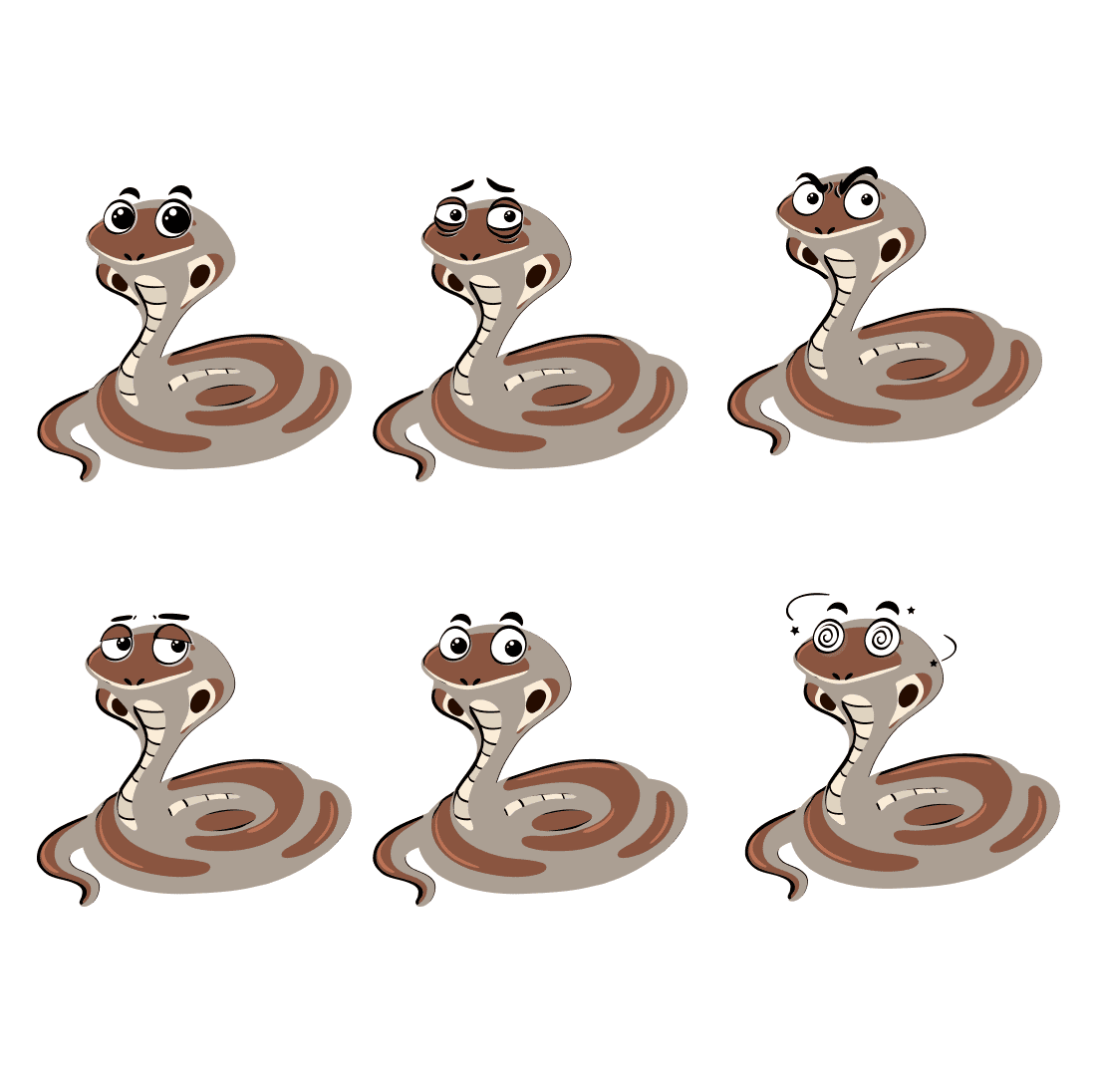 Set of cartoon snakes with different expressions.