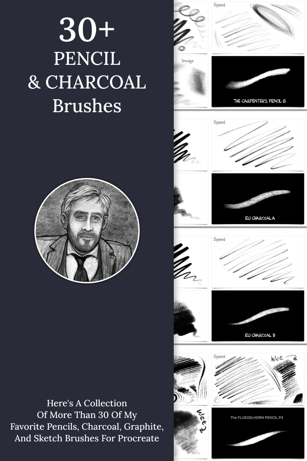 30 pencil charcoal brushes, 1000 by 1500 pixels.