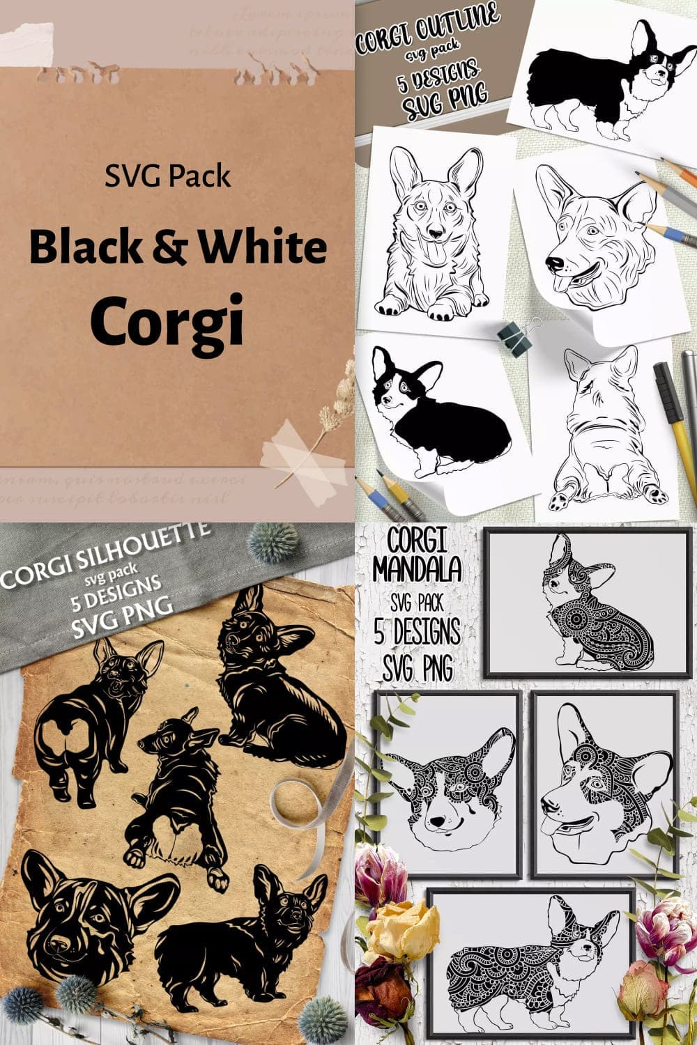 Black white corgi SVG pack, picture for pinterest 1000x1500.