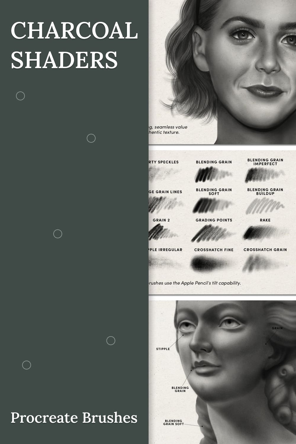 Charcoal shaders – procreate brushes, picture for pinterest 1000x1500.