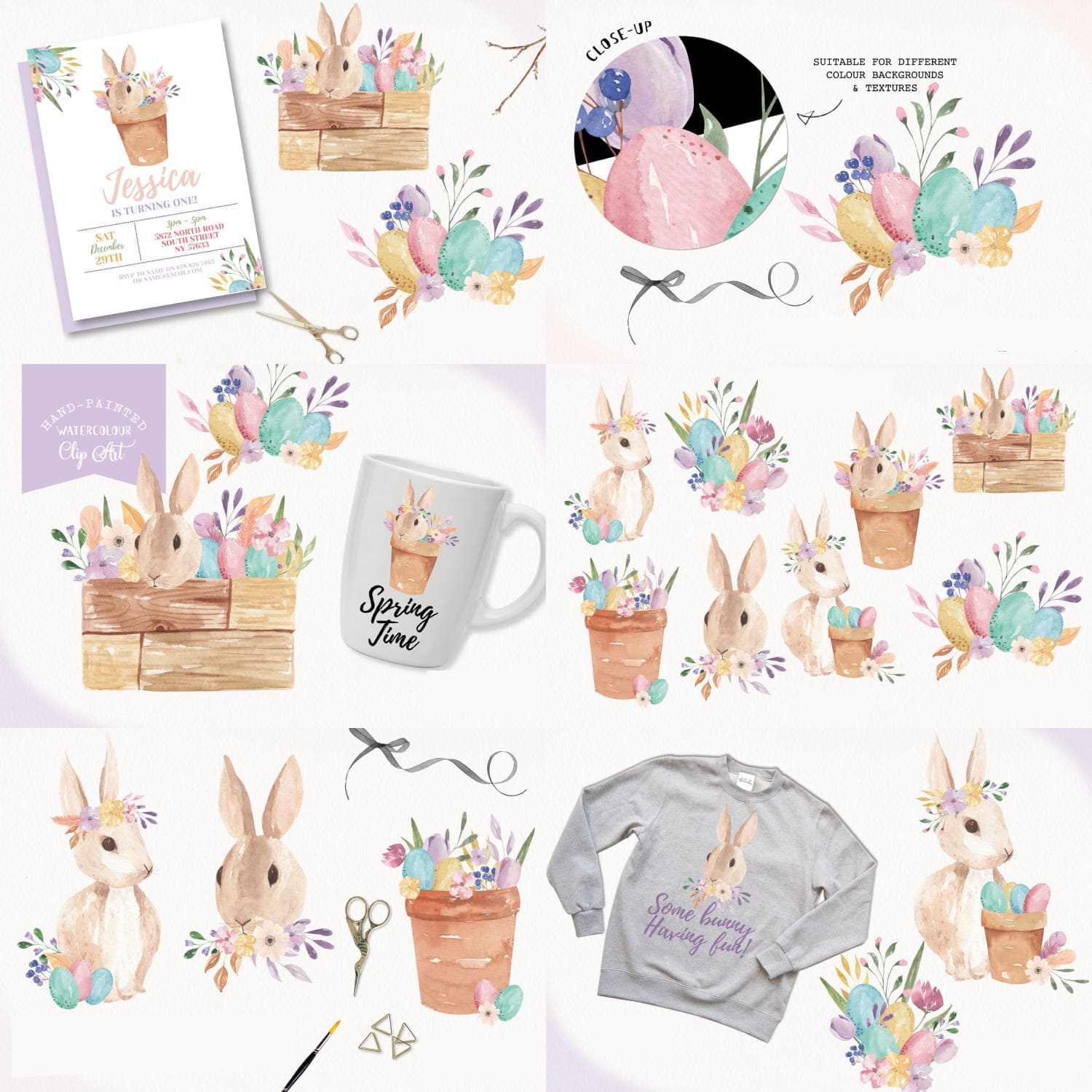 Easter bunny pastel eggs clipart kit, second picture 1500x1500.