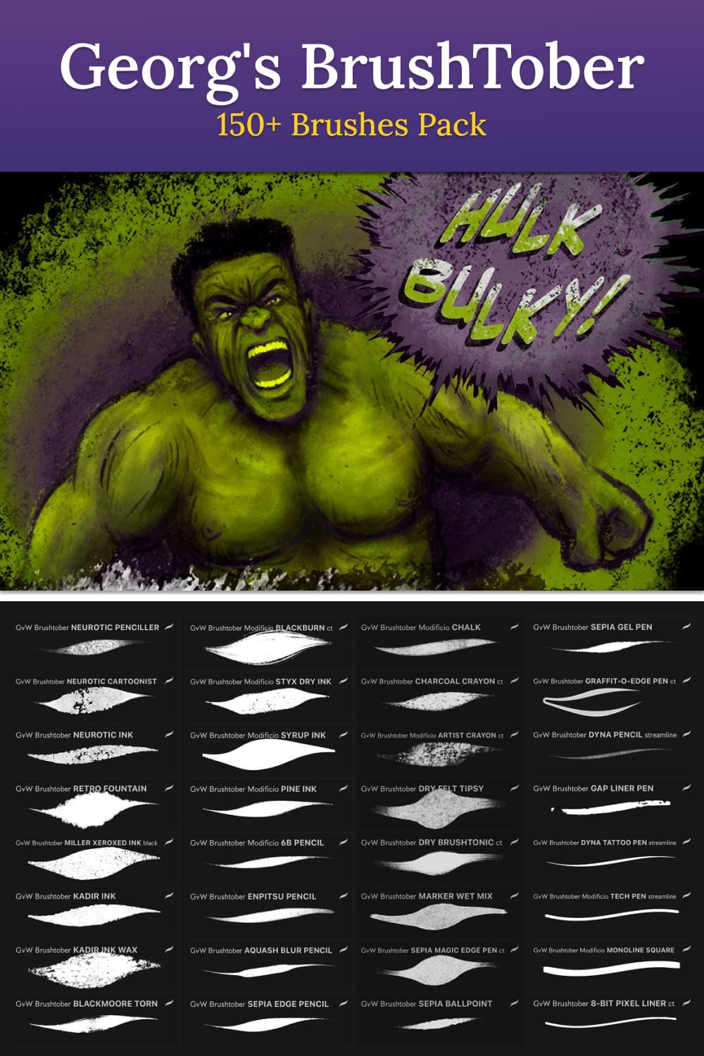 The green hulk is drawn with brushes.