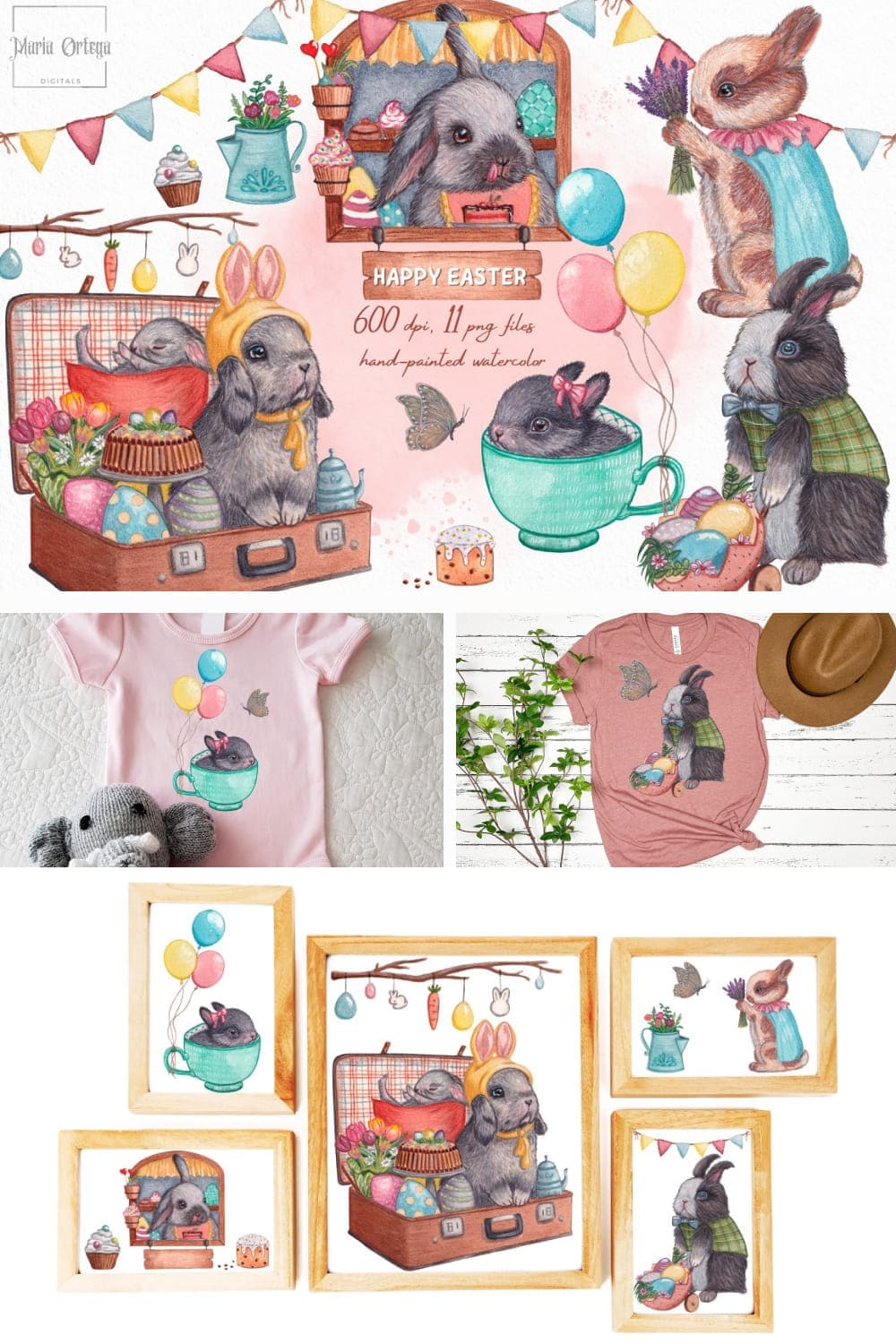 Happy Easter watercolor clipart, picture for pinterest 1000x1500.