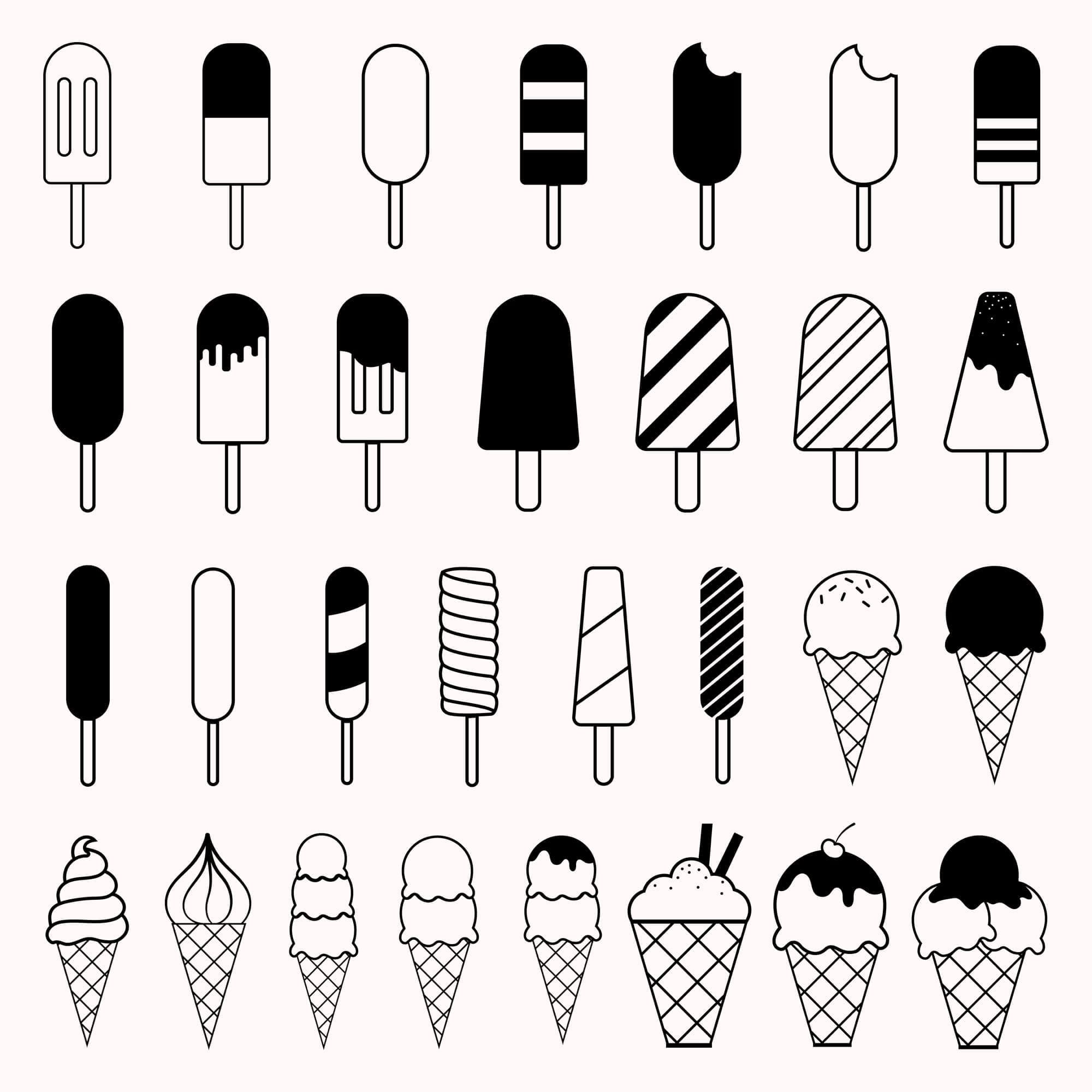 Ice cream on a stick and in a waffle cup drawn on a white background.