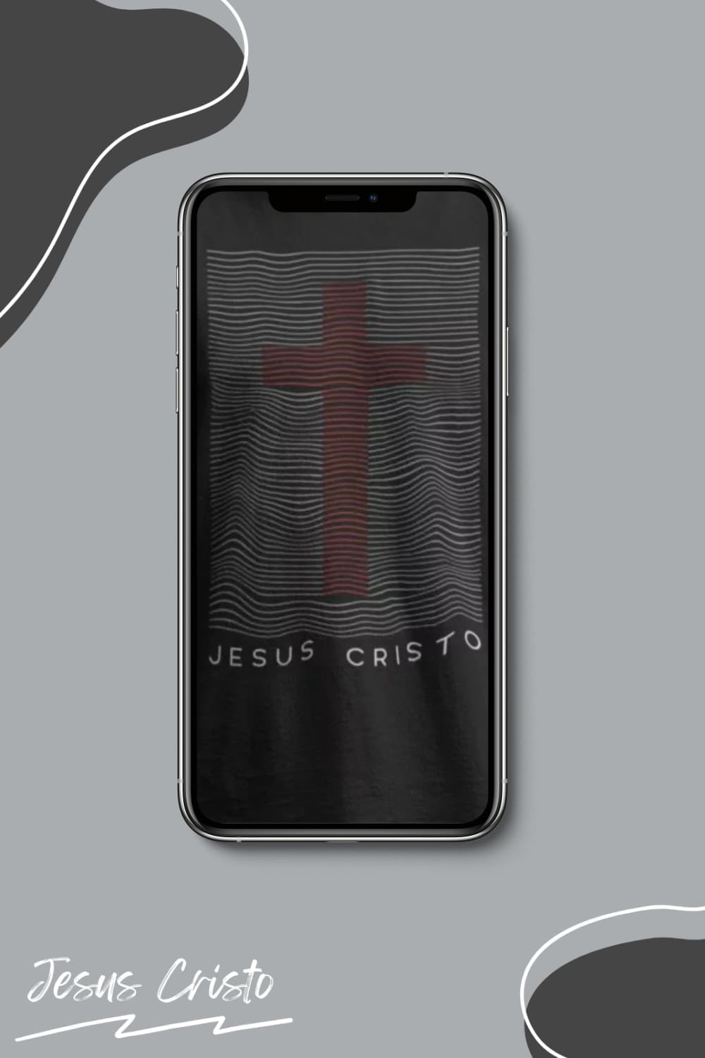 The inscription Jesus Christ under a red cross on the smartphone screen, picture for pinterest.