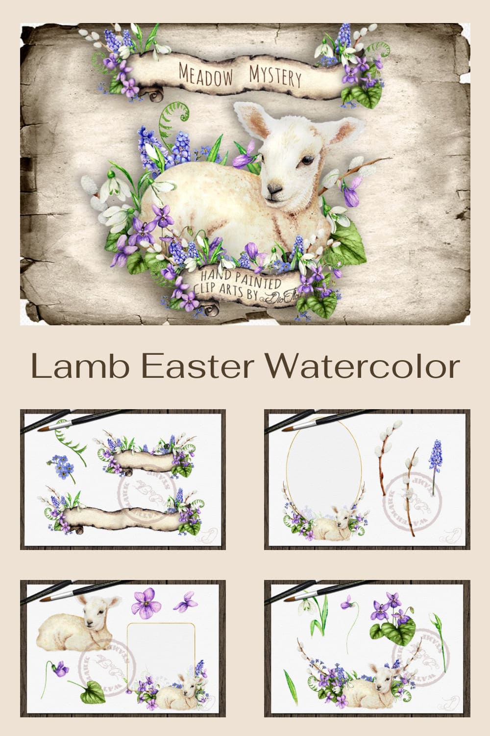 Watercolor drawing with 5 drawings of Easter Lamb and flowers, pinterest 1000x1500.