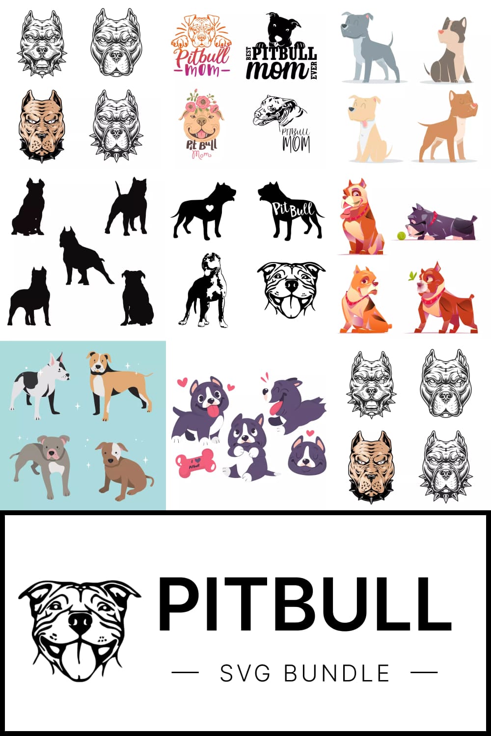 The pitbull svg bundle includes a variety of pitbull silhouettes.