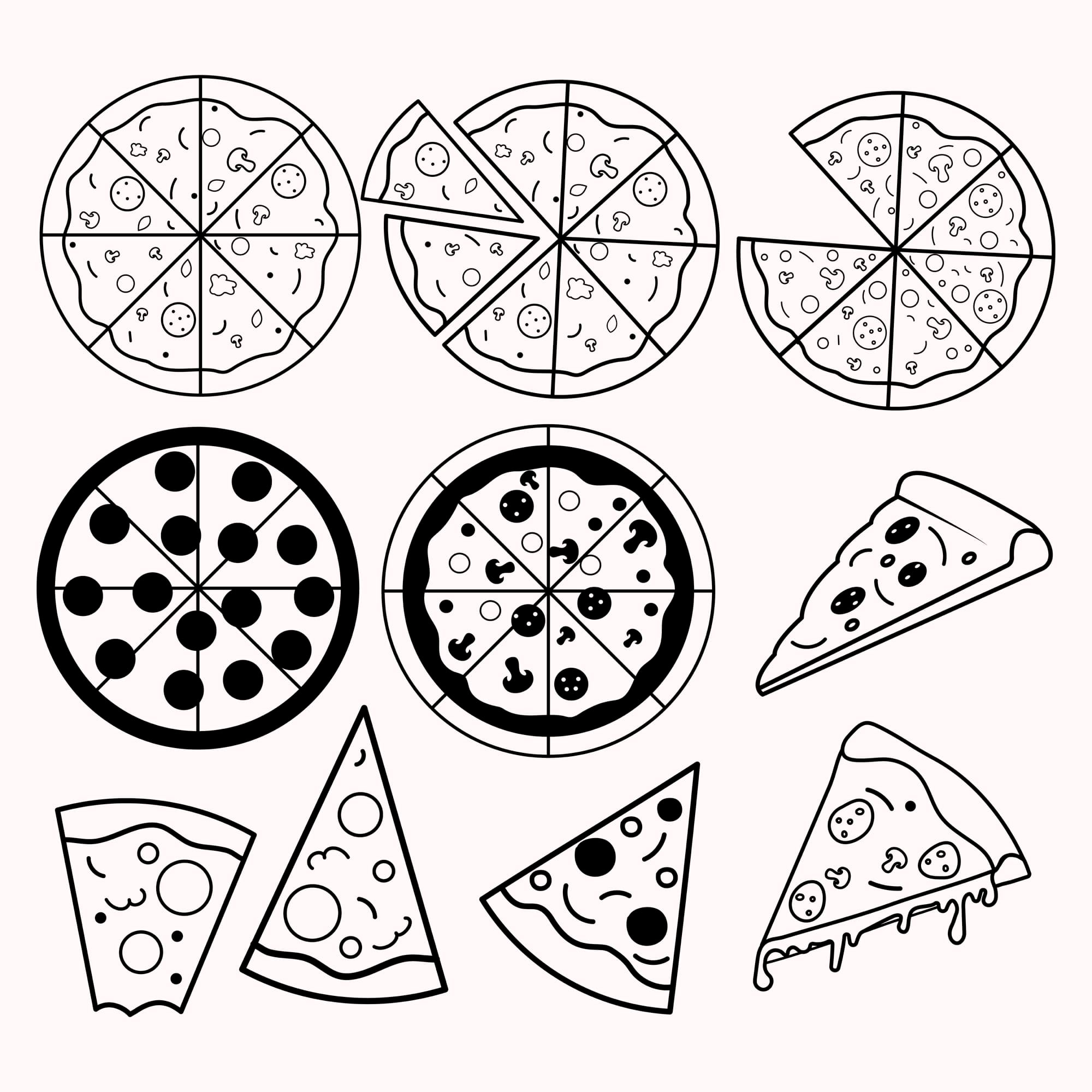 A whole pizza and slices of pizza are drawn on a white background.