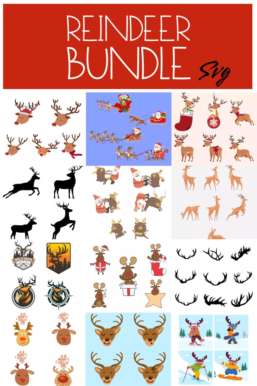 Bunch of reindeers are shown in different styles.