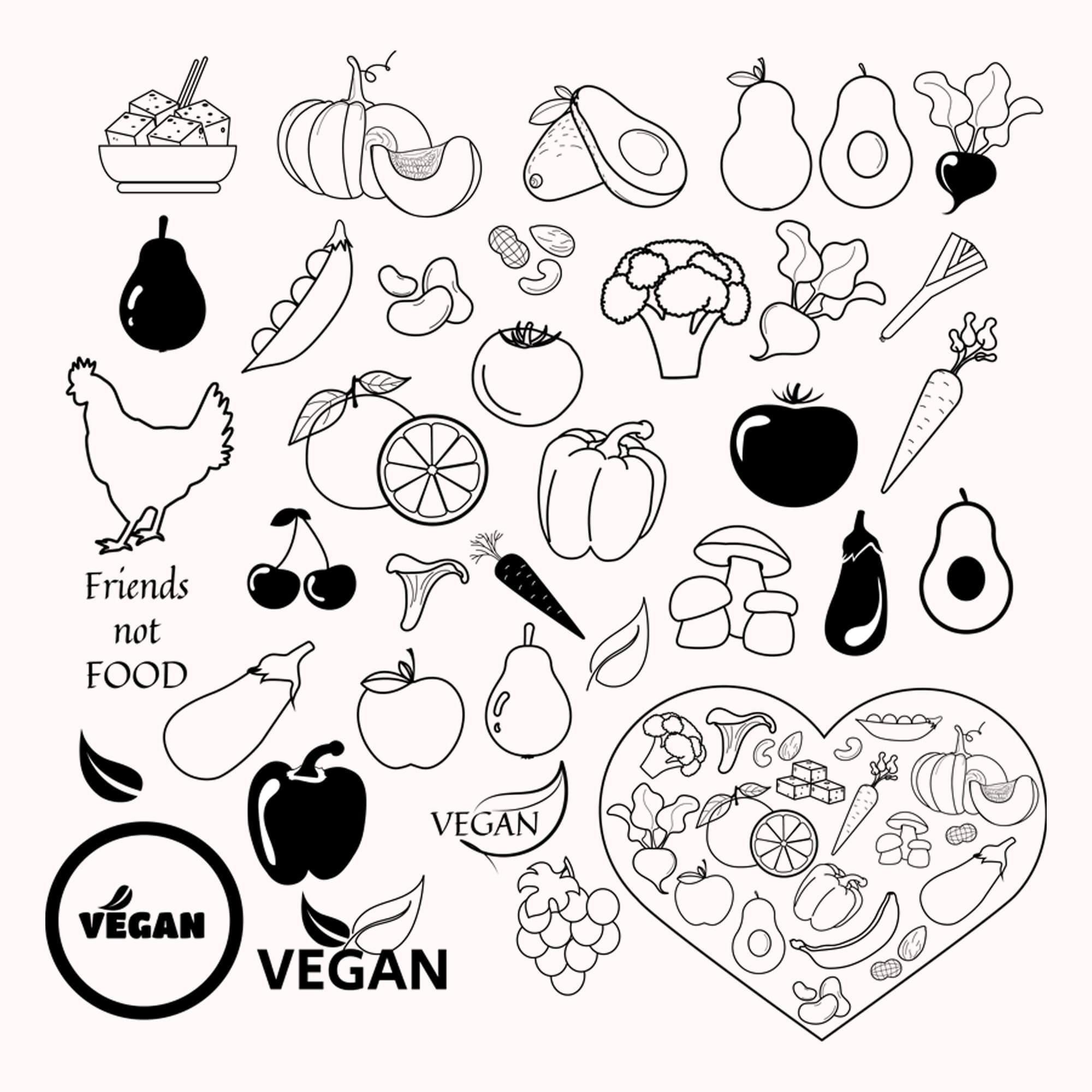 Fruits, vegetables and inscriptions about veganism are drawn on a white background.