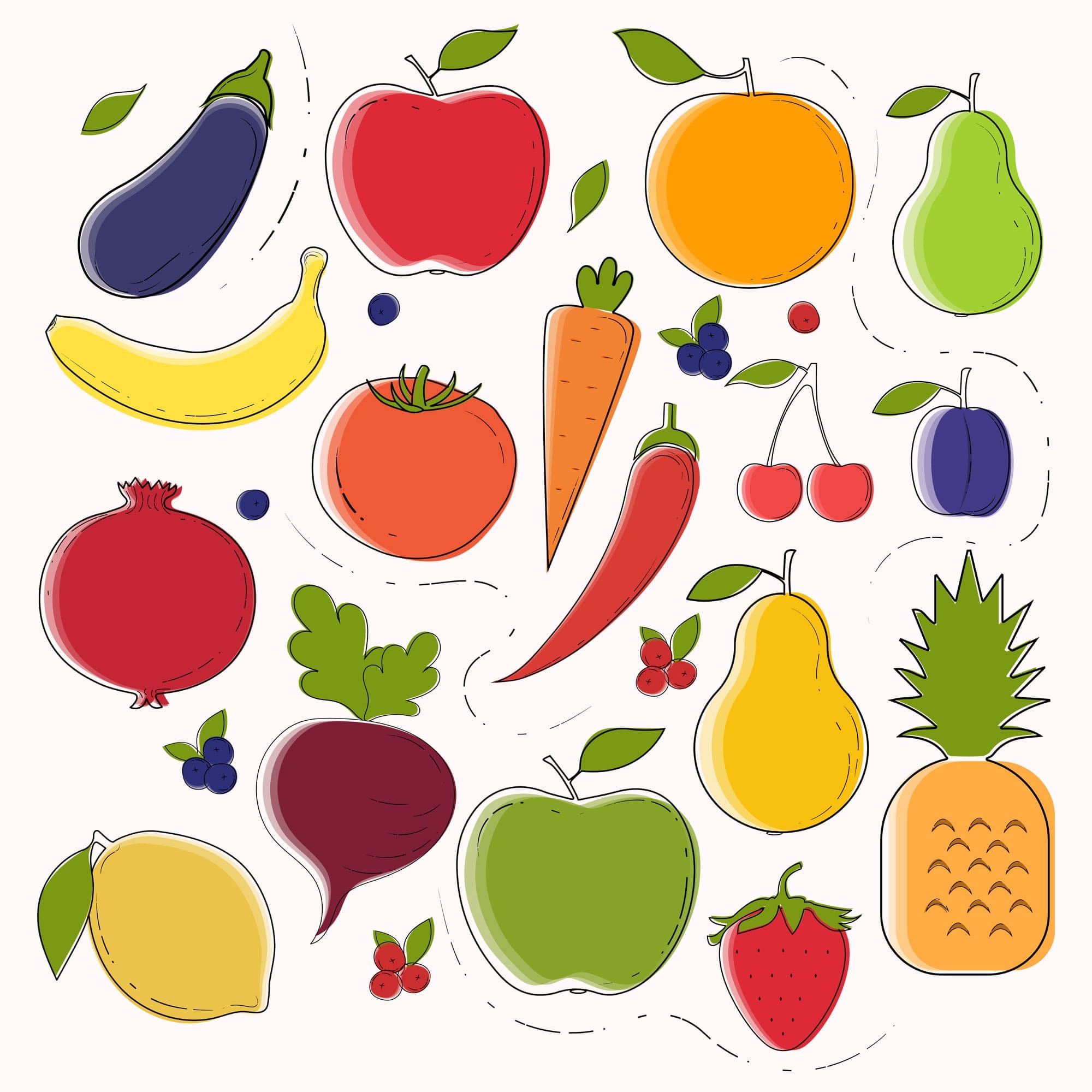 Colored vegetables and fruits drawn on a white background.