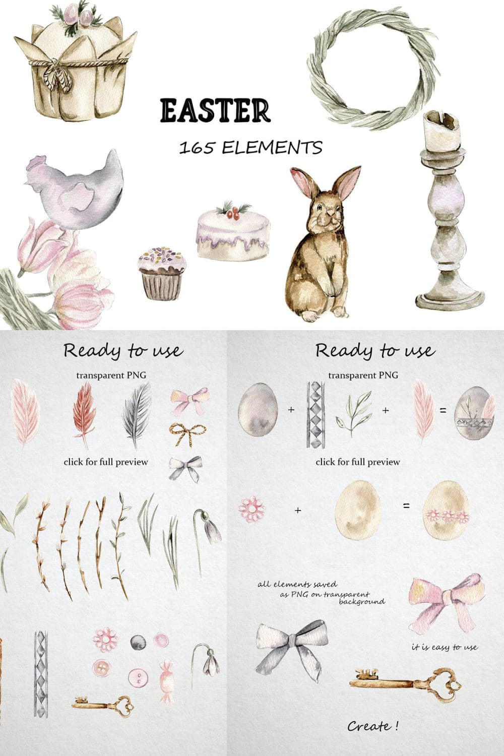 Watercolor Easter set with bunny, for pinterest 1000x1500.