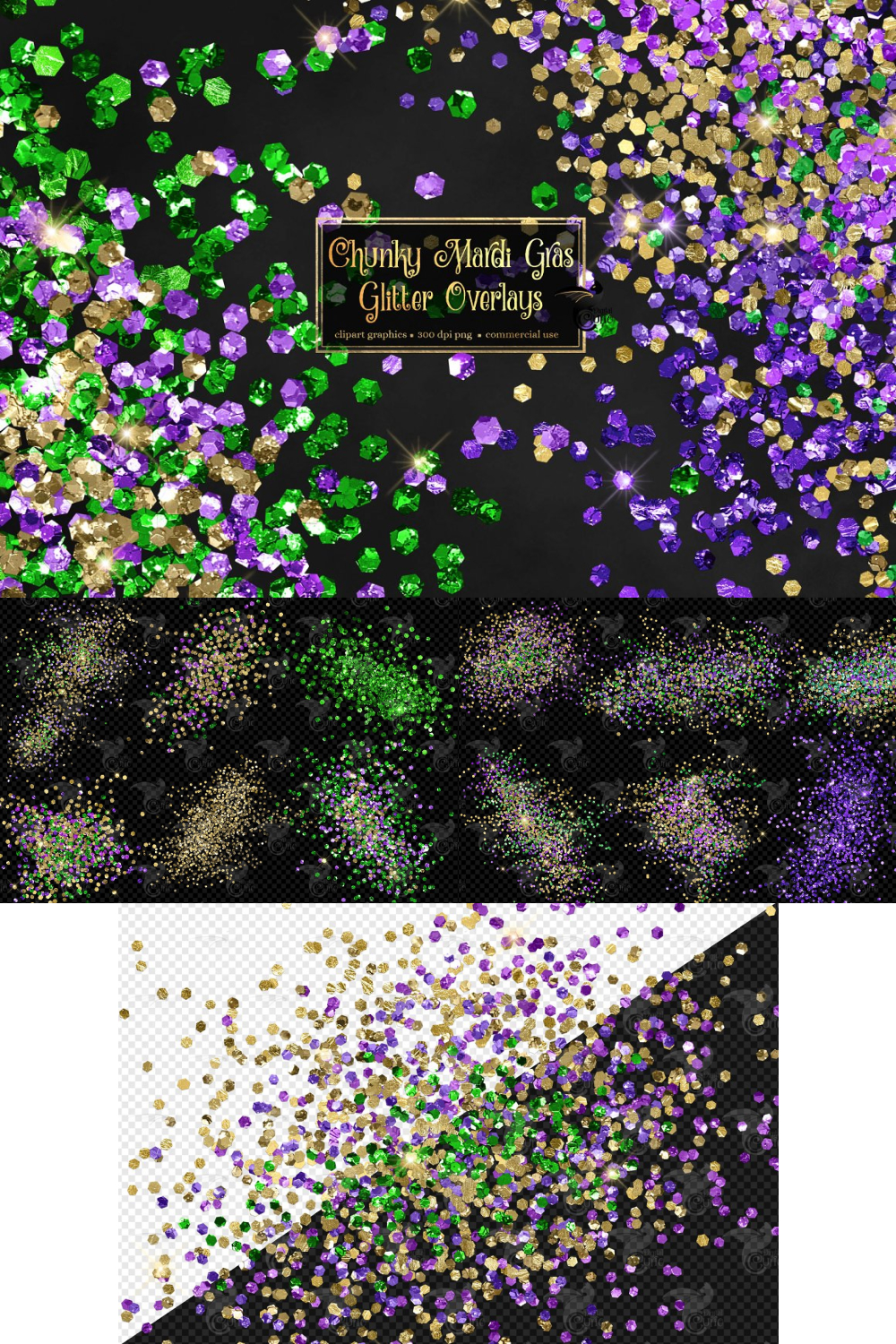 Pinterest illustrations of chunky mardi gras glitter overlays.
