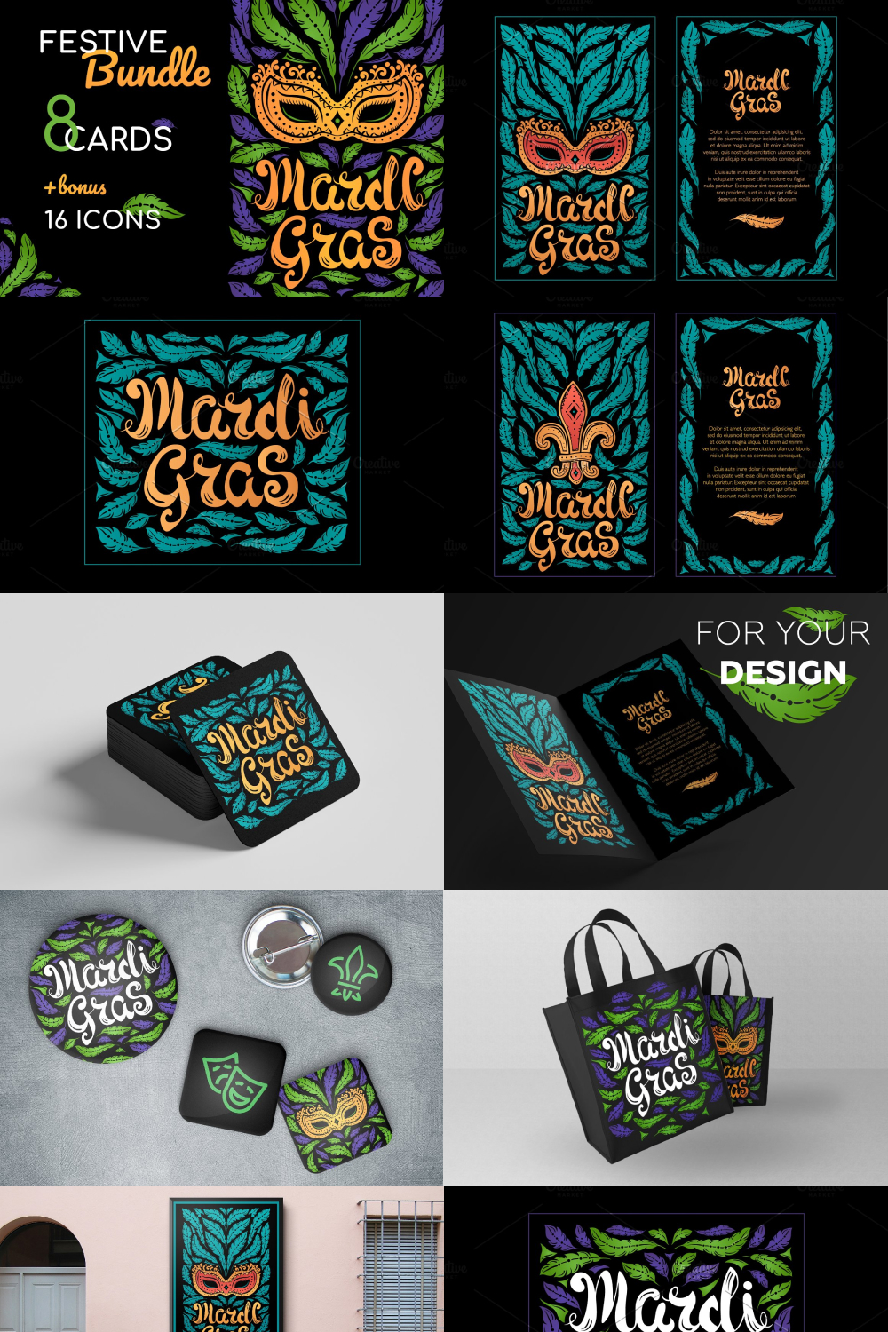 Pinterest illustrations of mardi gras celebration elements.