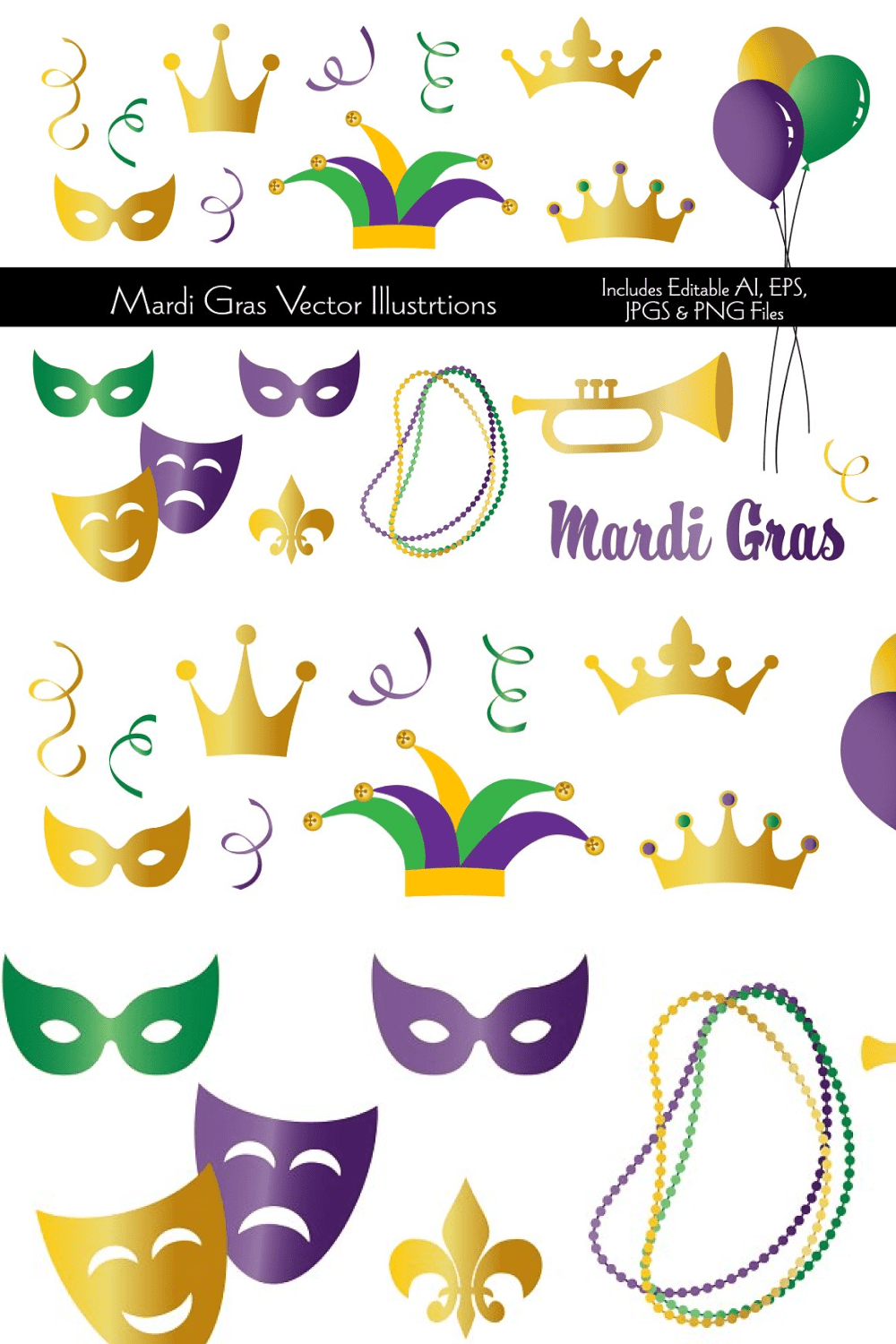 Masks, musical instruments, necklace for Mardi Gras celebration.