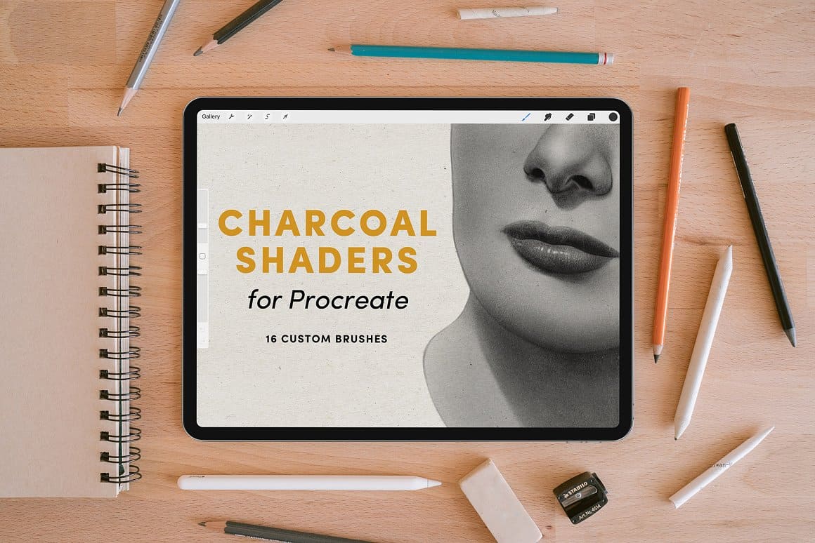Ipad with screenshot Charcoal shaders for Procreate, 16 custom brushes.