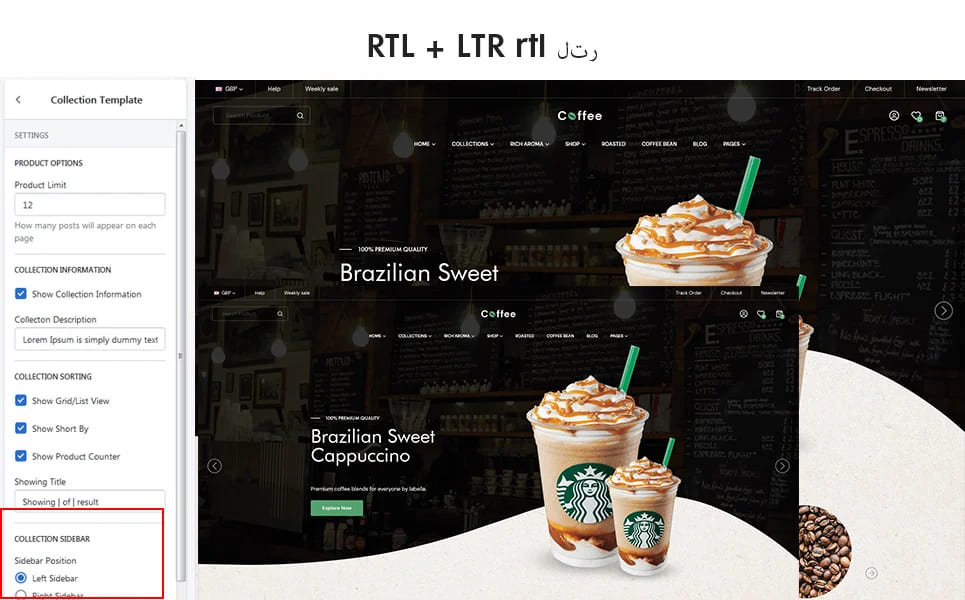 The Coffee Food Premium Shopify Theme, page RTL + LTR rtl.