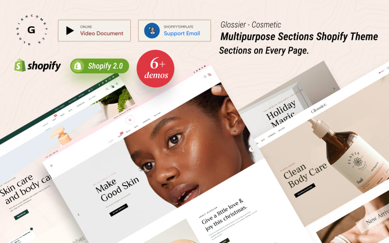 Glossier: "Multipurpose Sections Shopify Theme, Sections on Every Page".