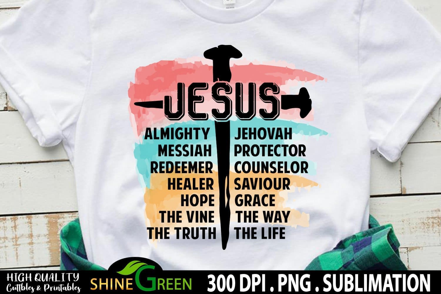 Watercolor sublimation print of Jesus with three colors on a white t-shirt.