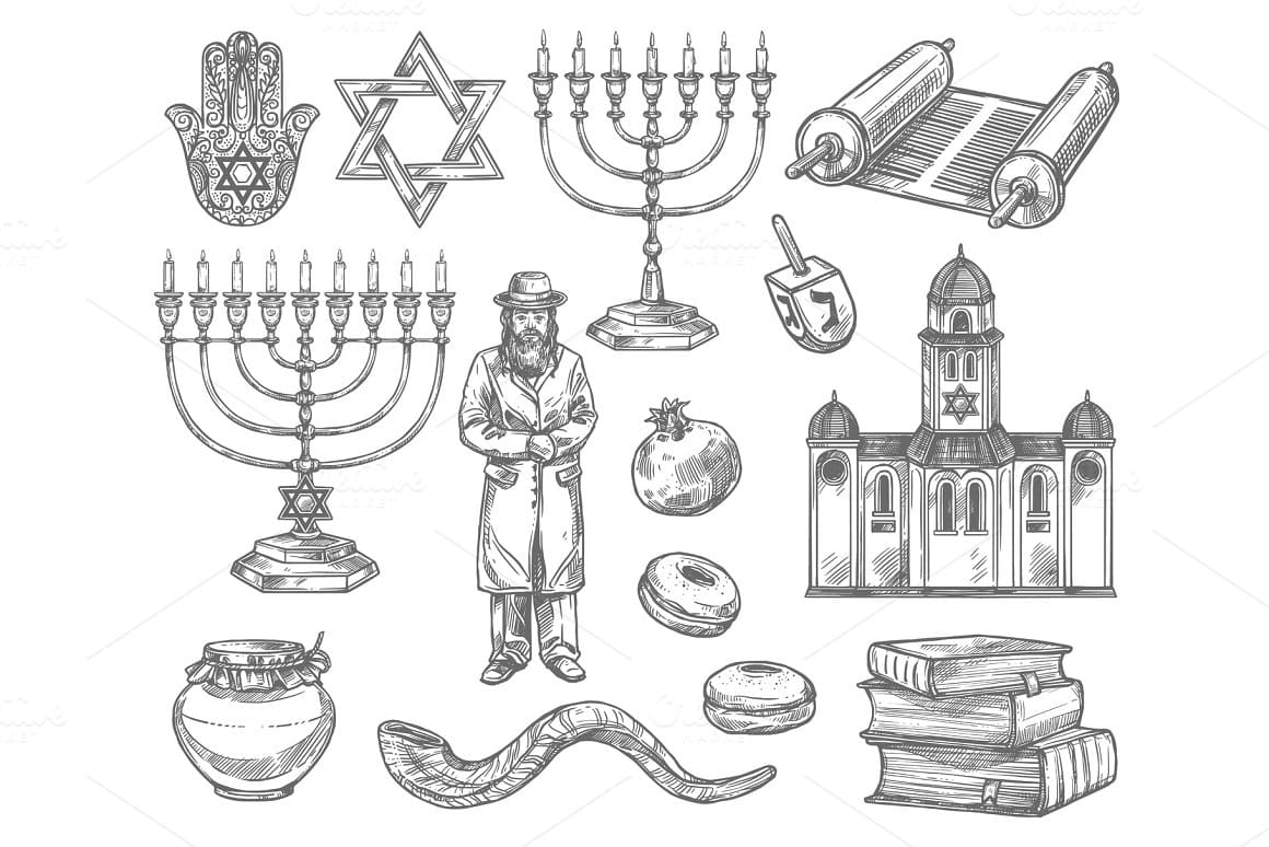 Images of holy books, temples and other integral parts of Judaism.