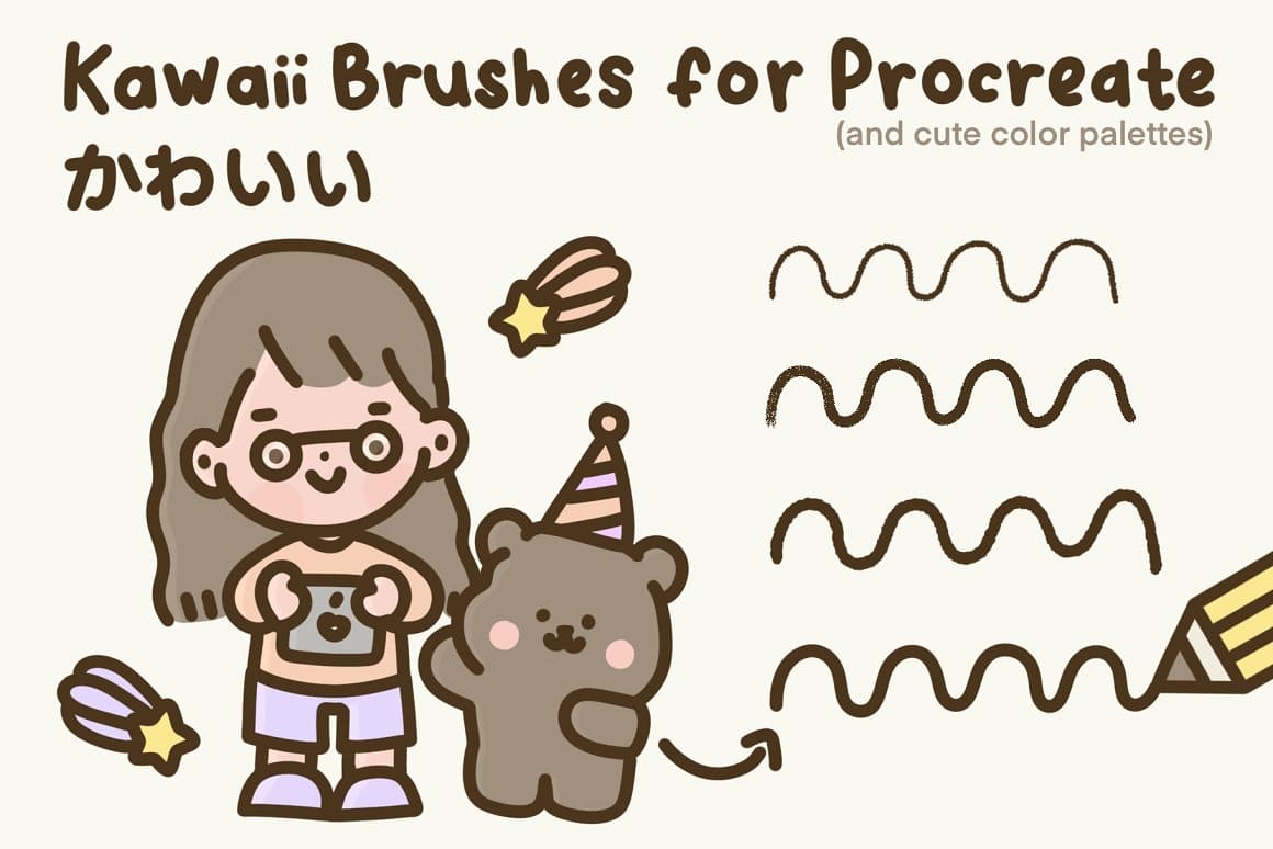 Kawaii Brushes for Procreate, little girl with bear.