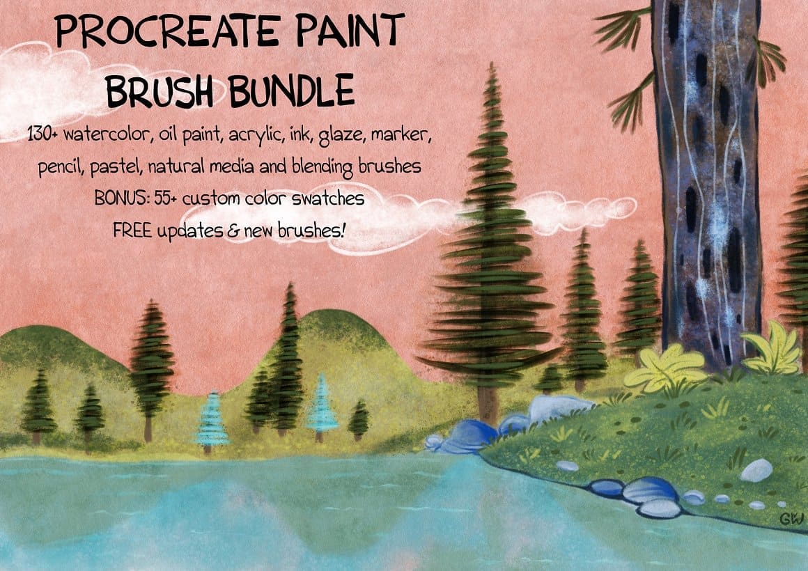 The landscape is painted using the Procreate paint brush bundle.