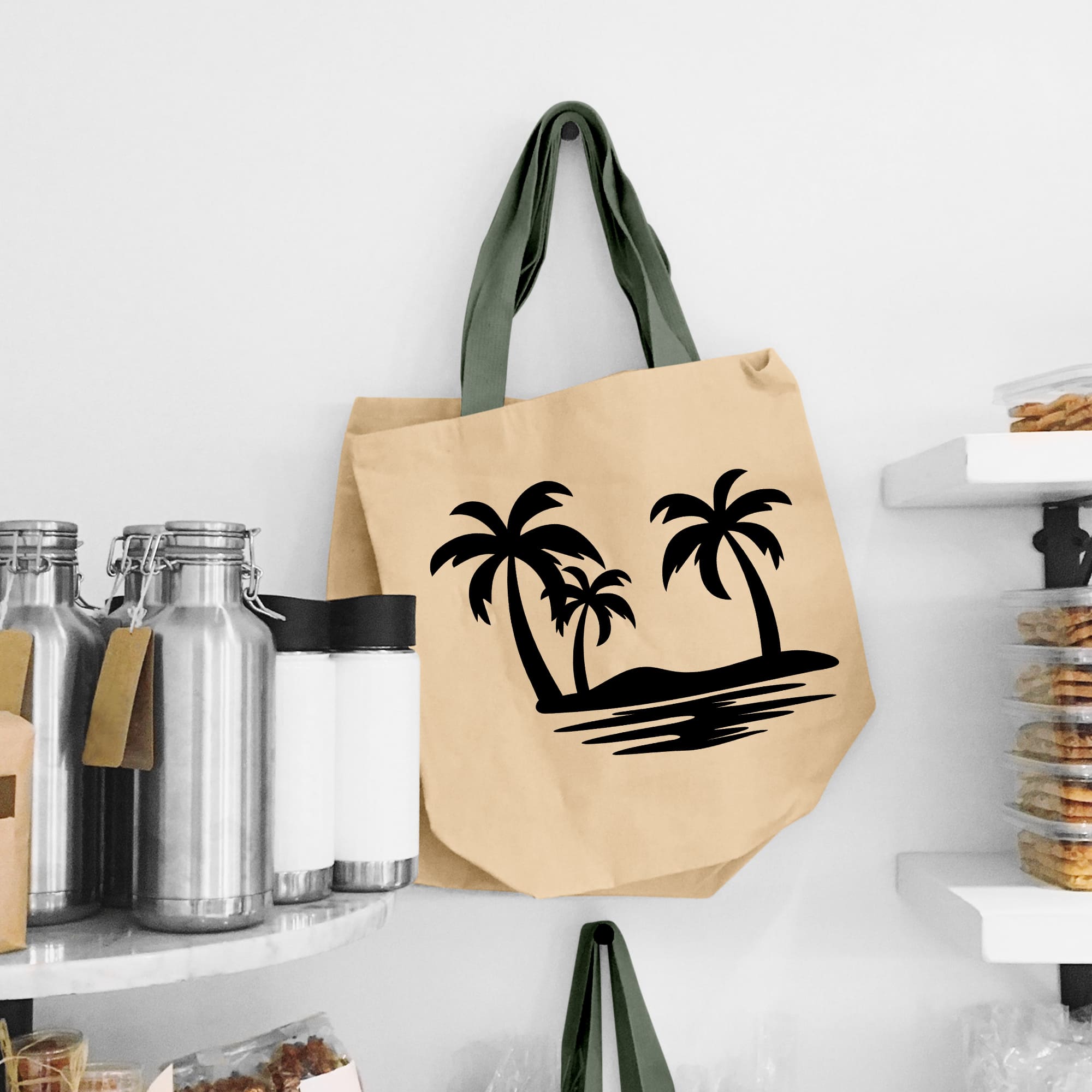 Silhouettes of palm trees are drawn on the grocery bag.