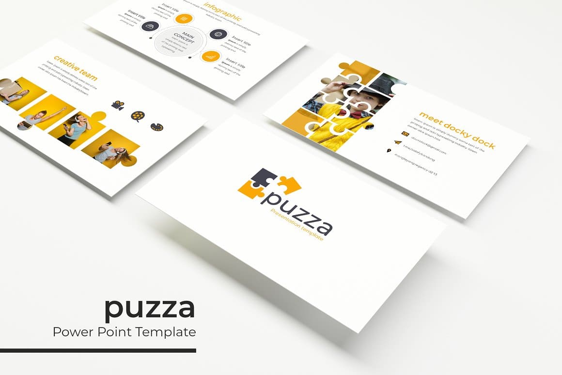 Puzza Powerpoint template on four business cards.