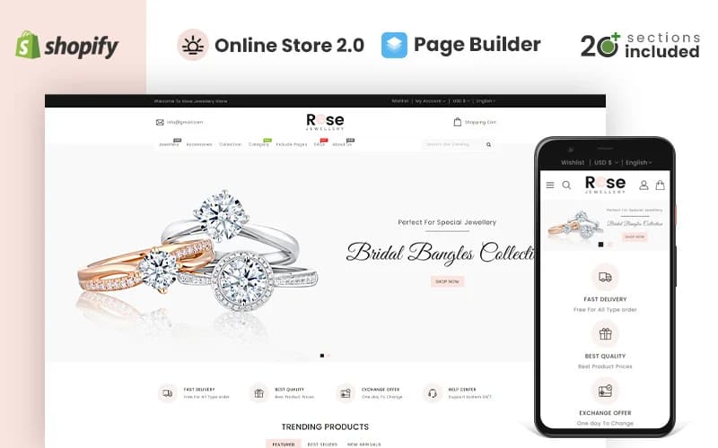 Rose jewellery shopify theme, main page.