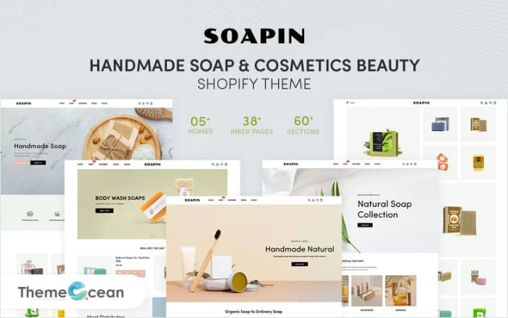 Soapin, Handmade soap & cosmetics beauty shopify theme, 5 screenshots.
