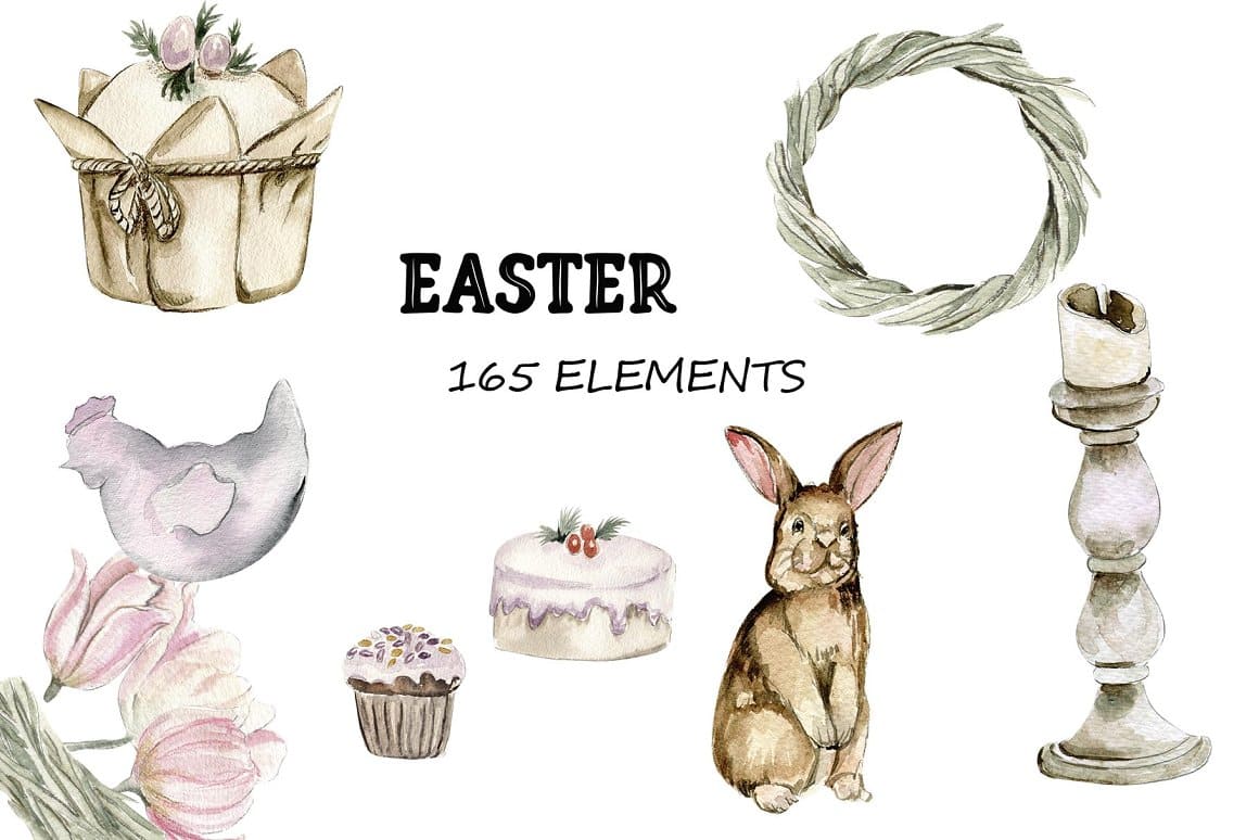 Easter watercolor drawing, 165 elements.