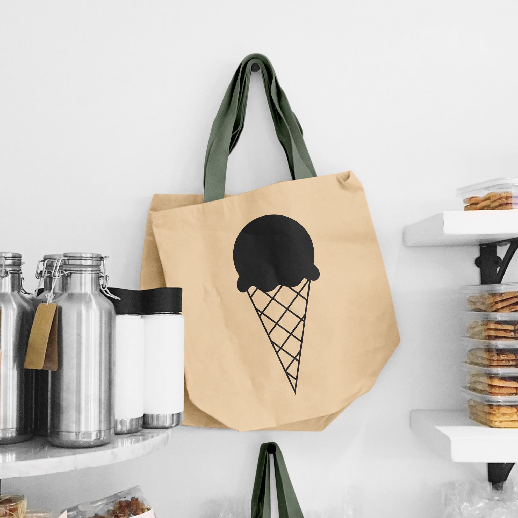 Chocolate ice cream painted on a grocery bag.