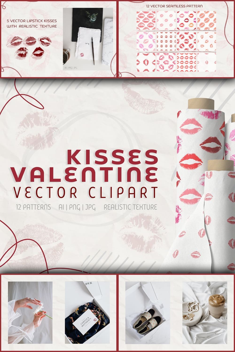Kisses Valentine vector clipart, picture for pinterest 1000x1500.