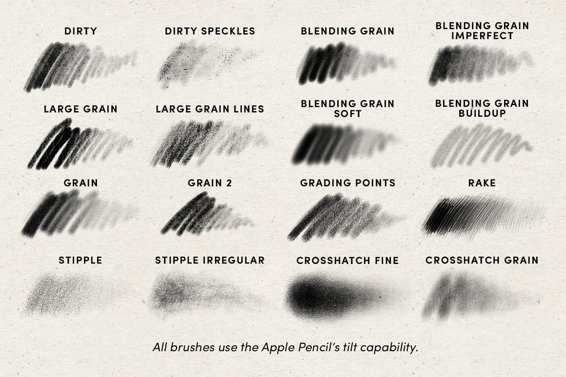 Charcoal shaders, 16 brushes: dirty, dirty speckles, blending grain, blending grain imperfect etc.