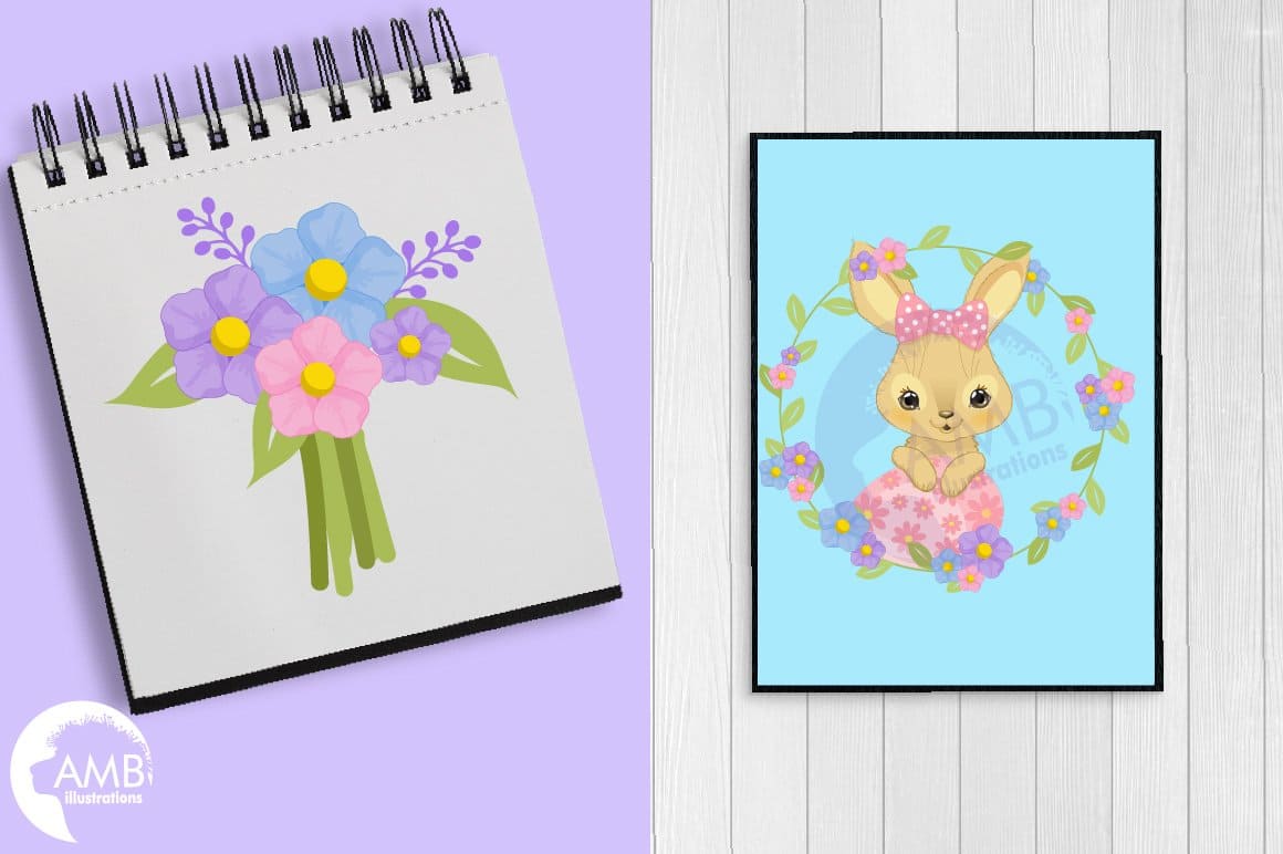 Cute little Easter bunnies are depicted on a notebook and picture.