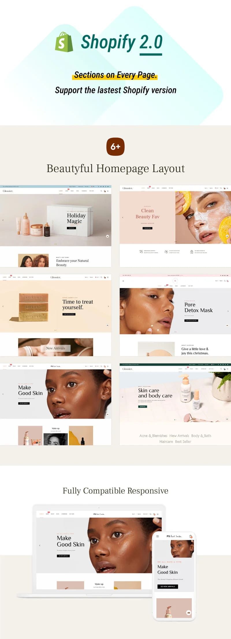 Glossier Shopify Theme: "Sections on Every Page. Support the lastest Shopify version".