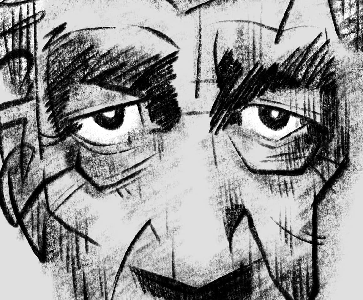An image of a man's tired eyes drawn with a black pencil.