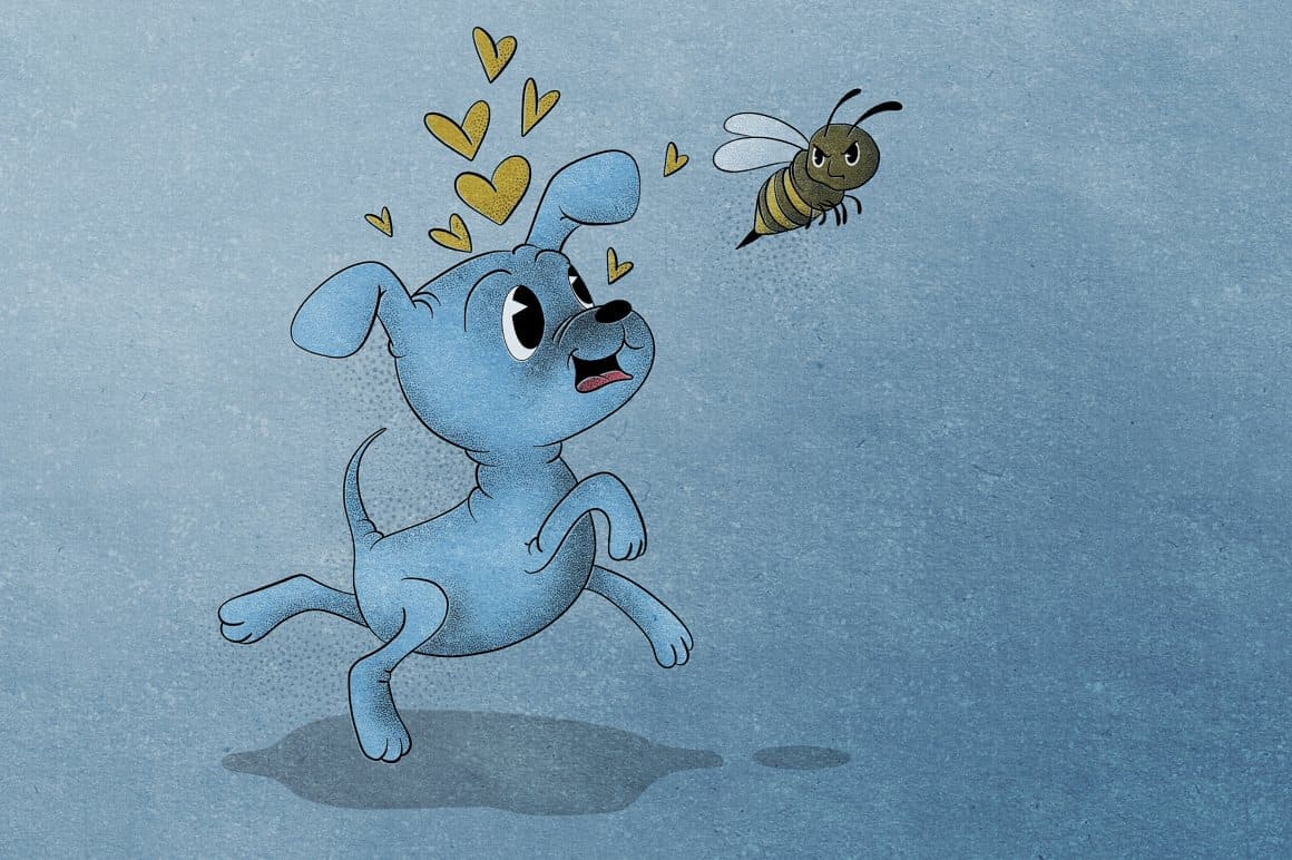 A drawn blue dog and a bee.