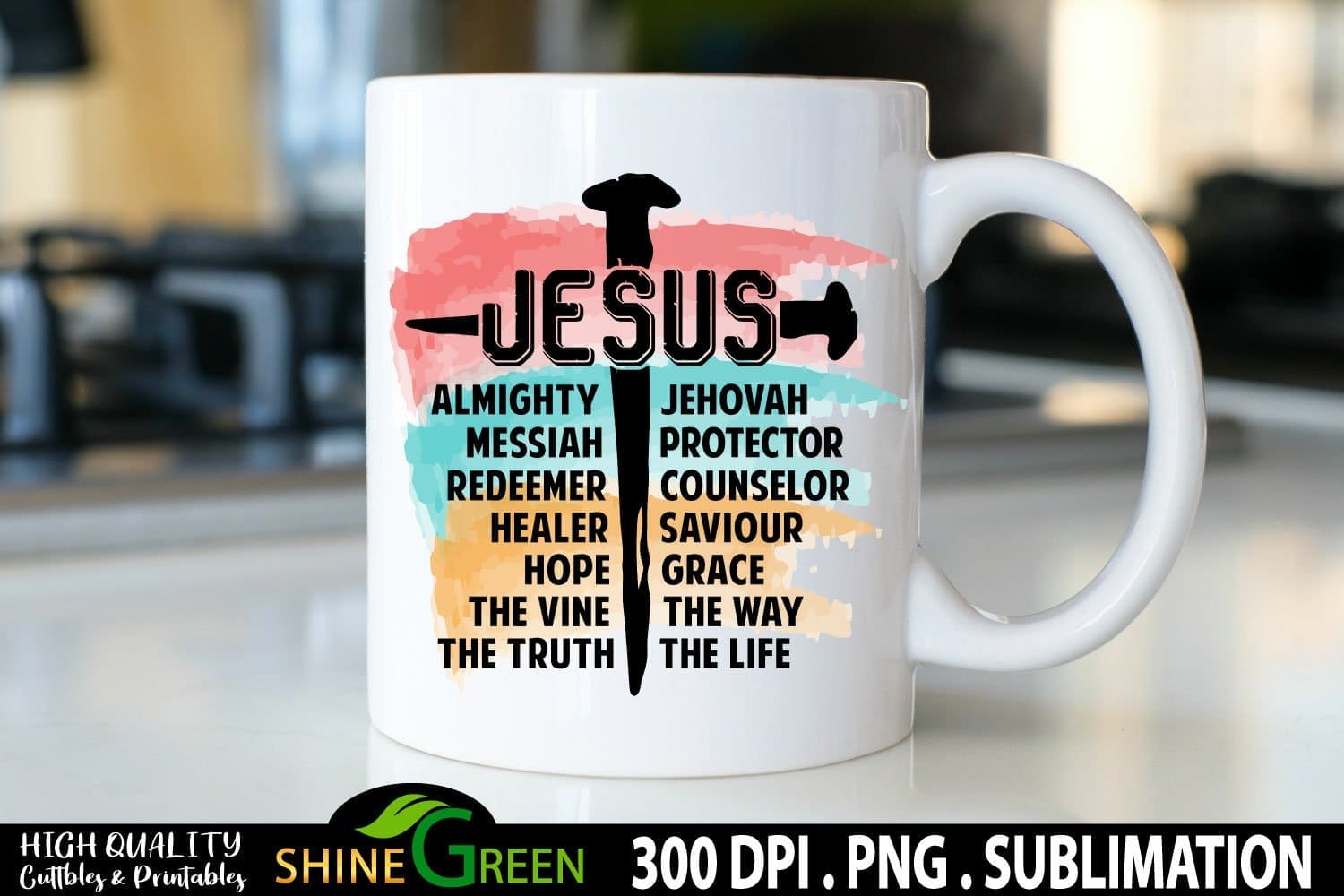 Jesus sublimation watercolor with colored background on mug.