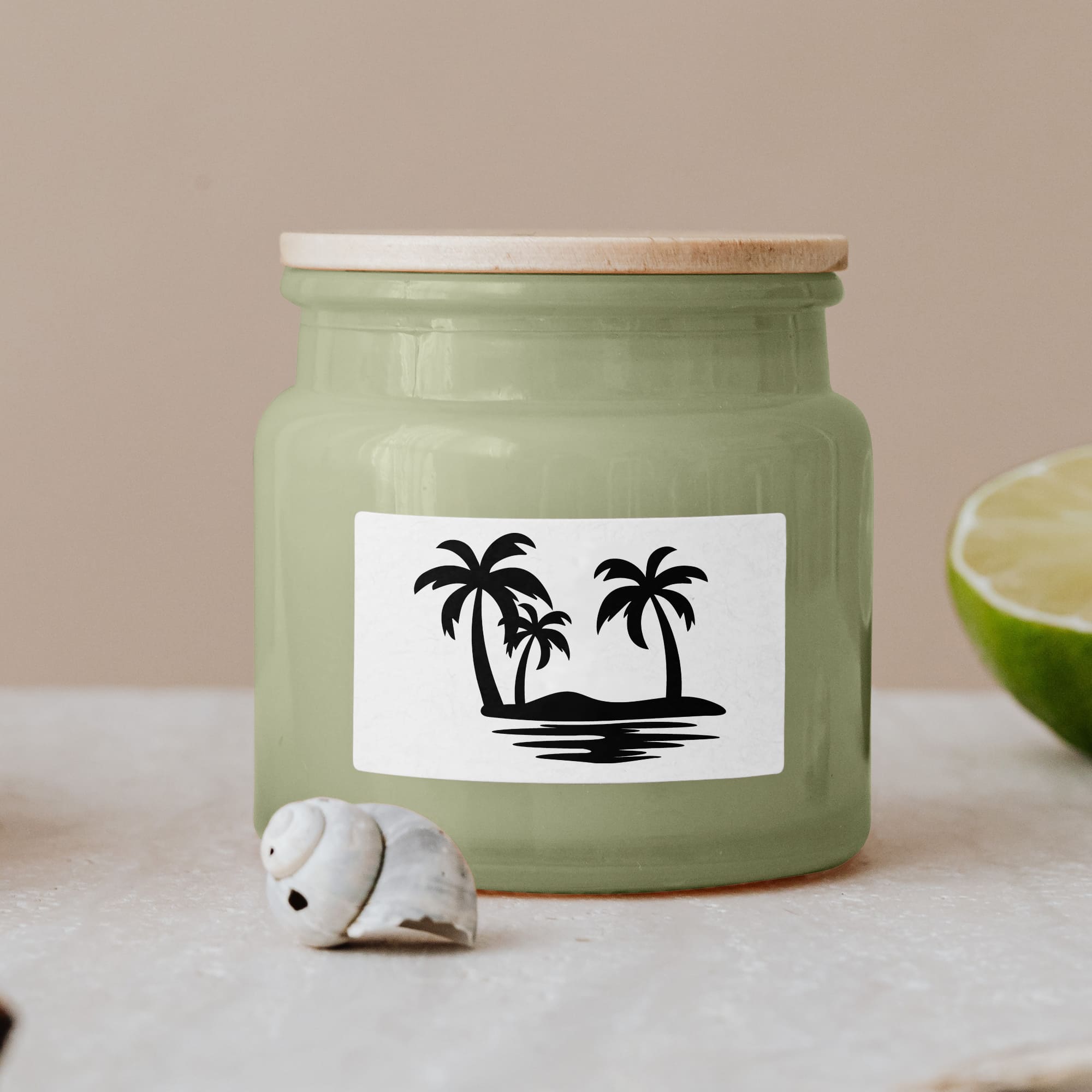 Palm tree silhouettes are painted on the olive cream jar.