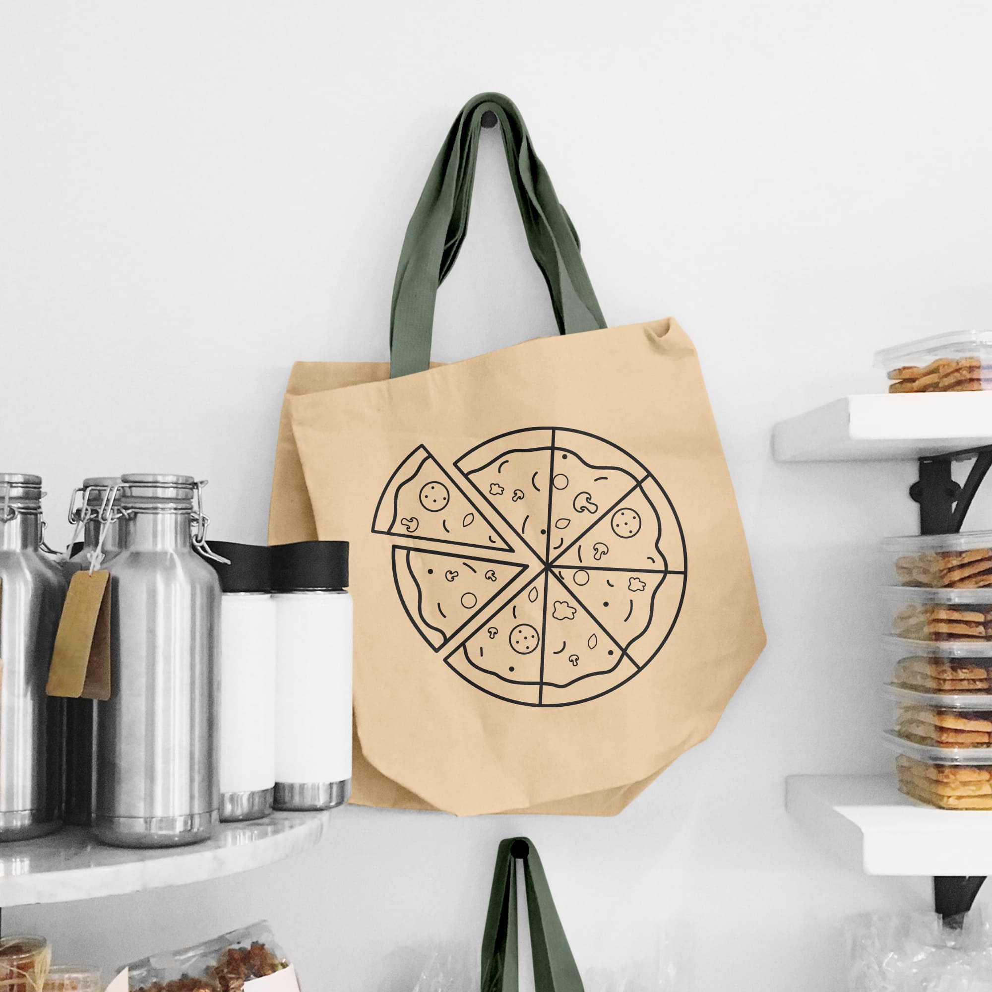 Beige shopping bag with black handle and illustration of pizza.