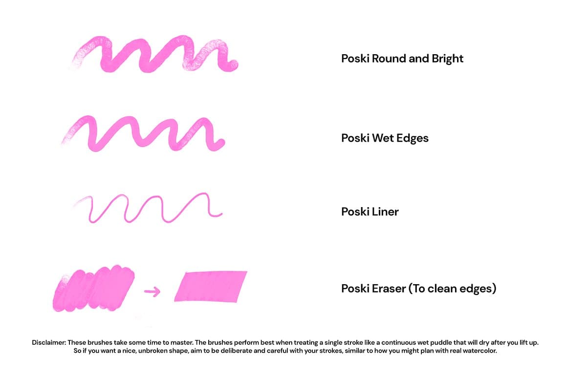 Four type Brushes: Poski Round and Bright, Poski Wet Edges, Poski Liner, Poski Eraser (To clean edges).