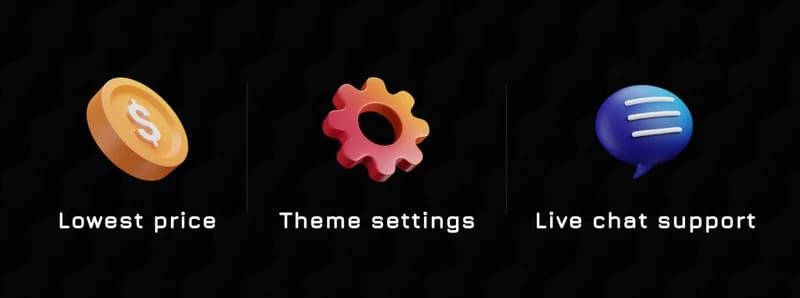 Three icons Royal mega watch: Lowest price, Theme settings, Live chat support.