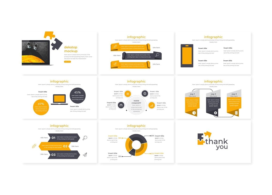 Puzza Powerpoint template on nine business cards.