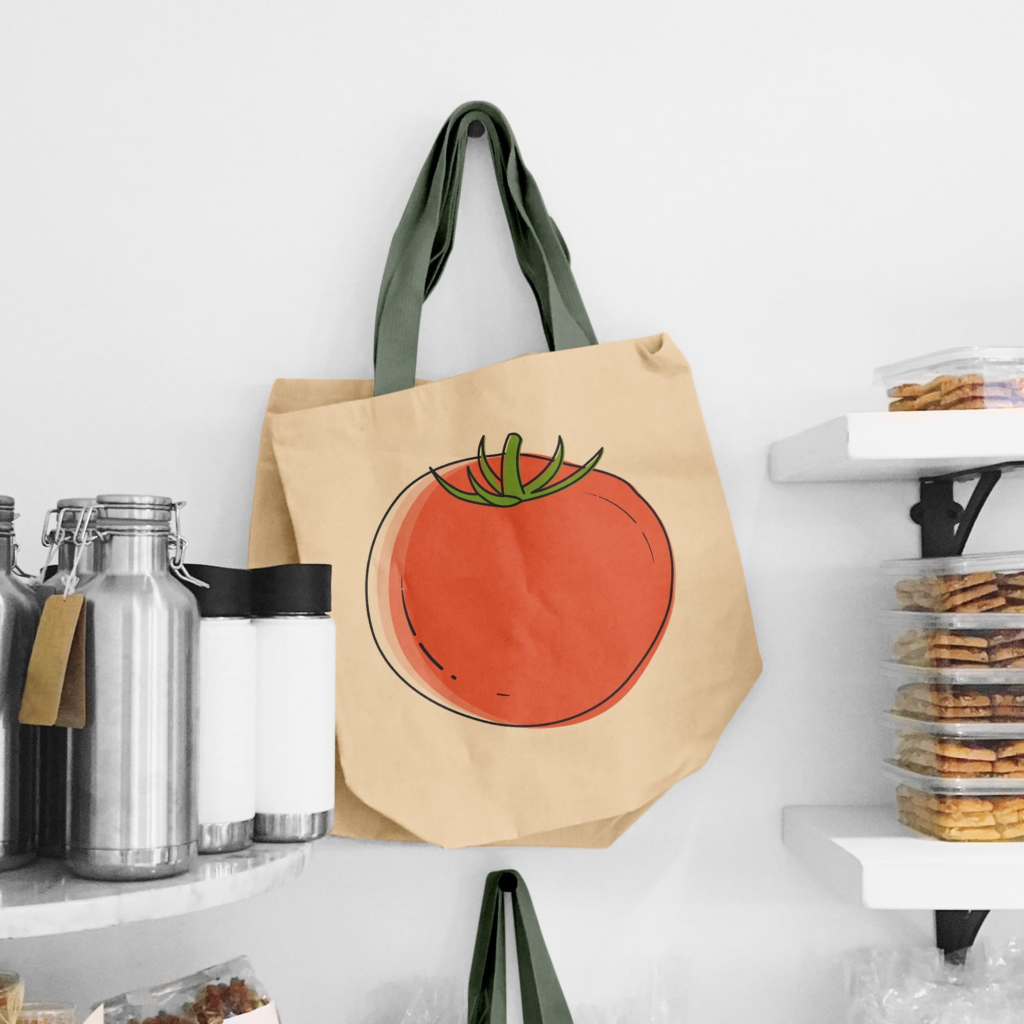A red tomato is drawn on a grocery bag.